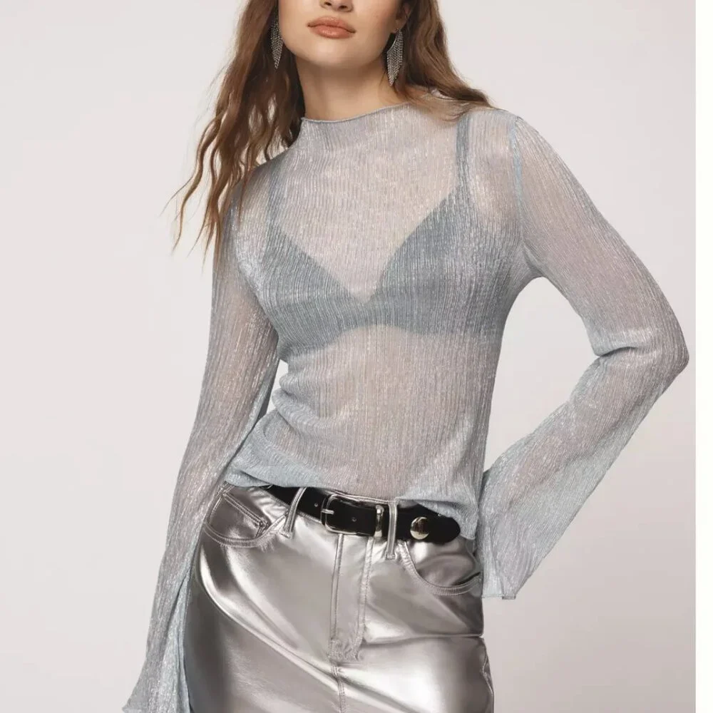By Anthropologie Long-Sleeve Mock-Neck Metallic Top NWT - Picture 3 of 3